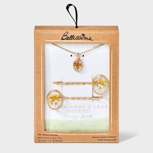 Bellissima Accessories - Preed Flower Multi Ann Lace Pendant Necklace and Bobby Pin Set 2pc - Gold